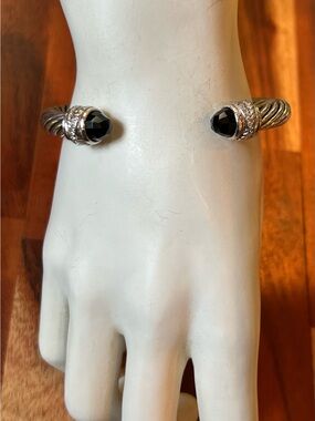 David Yurman 7mm Sterling Silver Onyx & Diamond Crossover Cuff Bracelet Size Med